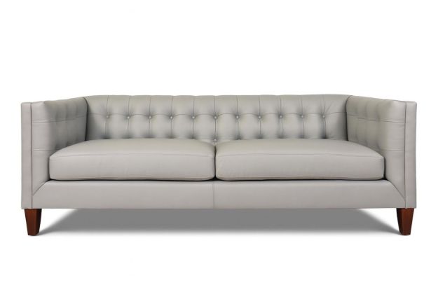 Lux & Borough Belmount style modern leather sofa in rich brown with thick track arms and low-profile dark block feet.