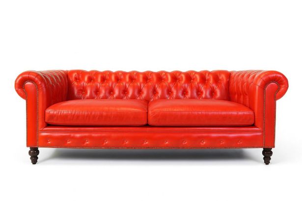 Lux & Borough Kensington style chesterfield sofa in warm tan leather with deep diamond button tufting and rolled arms.