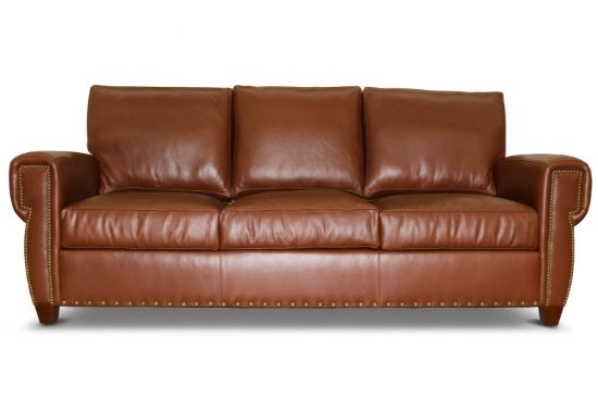 Lux & Borough Montgomery style tuxedo sofa in rich brown leather with deep diamond button tufting and low-profile dark block feet.