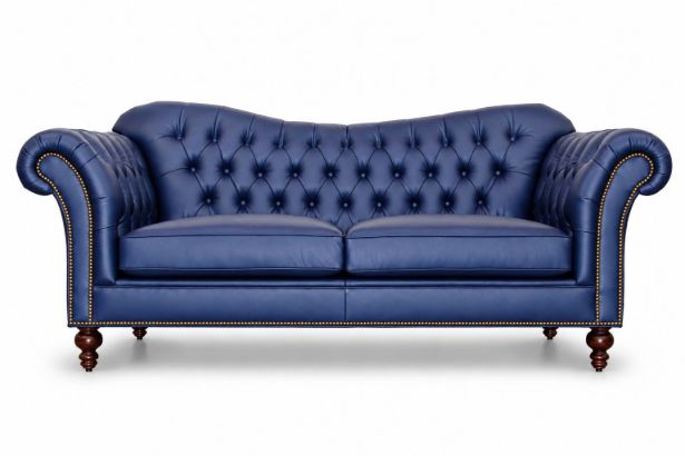 Lux and Borough Antoinette style tufted chesterfield loveseat in a vibrant blue fabric with turned dark wood legs.