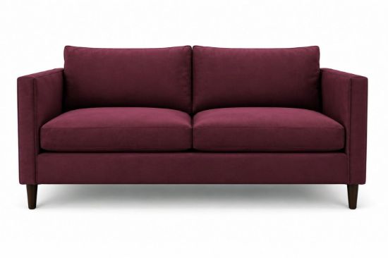 Lux and Borough Astoria style custom loveseat in a rich purple velvet fabric featuring a distinctive channeled vertical tufted backrest.