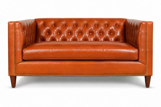 Lux and Borough Davenport style custom loveseat featuring a stately, high square backrest, deeply tufted design, and low-profile block feet.