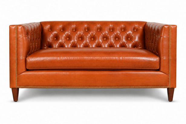 Lux and Borough Davenport style custom loveseat featuring a stately, high square backrest, deeply tufted design, and low-profile block feet.