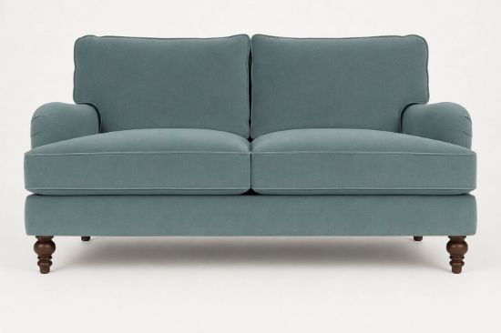 Lux and Borough Duchess style custom loveseat featuring an elegant curved backrest, gracefully rolled arms, and tailored cushioning.