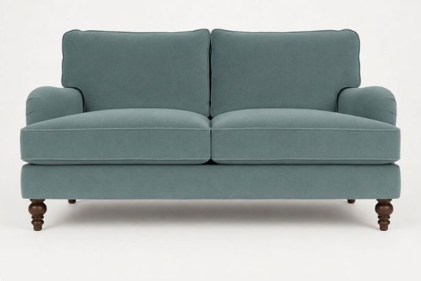Lux and Borough Duchess style custom loveseat featuring an elegant curved backrest, gracefully rolled arms, and tailored cushioning.