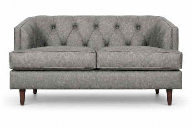 Lux and Borough Grantham style custom loveseat featuring classic rolled arms, a deeply tufted button-back design, and elegant turned wood legs.