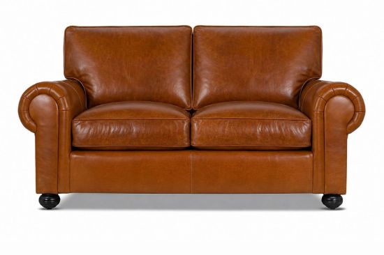Lux and Borough Hamilton style custom loveseat featuring a sleek, low-profile tight backrest, sophisticated shelter track arms, and plush tailored seat cushioning.