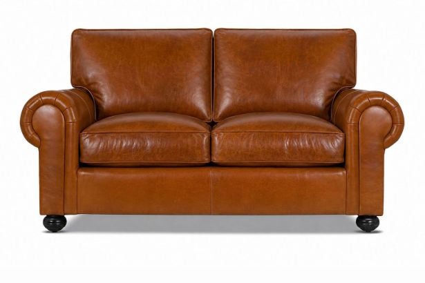 Lux and Borough Hamilton style custom loveseat featuring a sleek, low-profile tight backrest, sophisticated shelter track arms, and plush tailored seat cushioning.