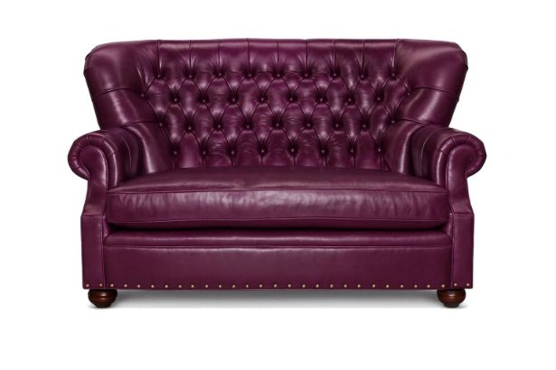 Lux and Borough Livingston style custom loveseat featuring high, elegantly rolled armrests, structured supportive cushioning, and classic block feet.