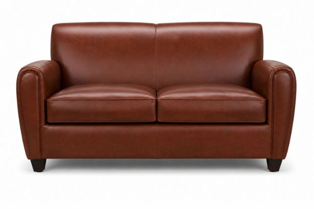 Lux and Borough Plymouth style custom loveseat featuring a tailored, clean-lined silhouette with crisp track arms, deep plush seat cushioning, and elegant tapered wooden block legs.