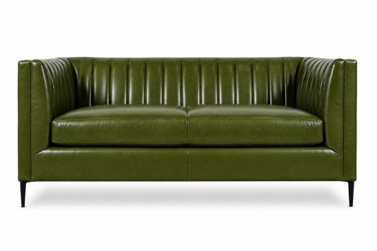 Lux and Borough Savoy style custom loveseat showcasing an elegant silhouette with tight tailoring, subtly flared rolled arms, a classic dressmaker skirt with corner pleats, and plush, deeply supportive seat cushions.