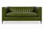 Lux and Borough Savoy style custom loveseat showcasing an elegant silhouette with tight tailoring, subtly flared rolled arms, a classic dressmaker skirt with corner pleats, and plush, deeply supportive seat cushions.