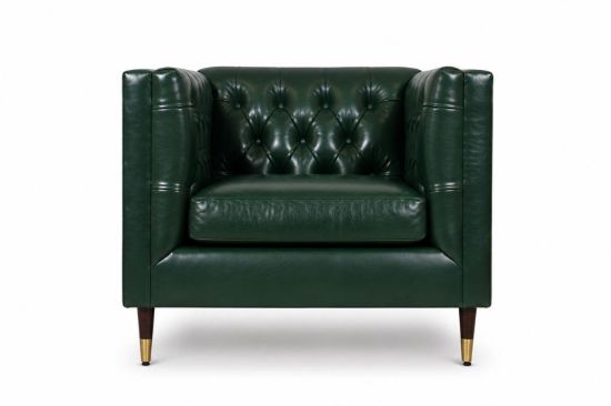 Lux and Borough Davenport style custom accent chair featuring a contemporary low-profile track arm design, a relaxed pitch angled backrest, a thick plush seat cushion, and sleek square tapered block legs.