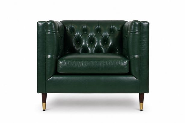 Lux and Borough Davenport style custom accent chair featuring a contemporary low-profile track arm design, a relaxed pitch angled backrest, a thick plush seat cushion, and sleek square tapered block legs.