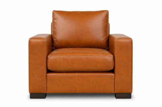 Lux & Borough Lancaster style modern sofa in warm cognac brown leather with thin track arms and a low-profile base.