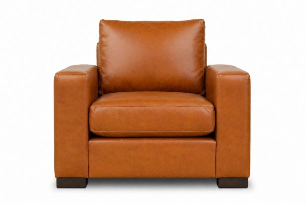Lux & Borough Lancaster style modern sofa in warm cognac brown leather with thin track arms and a low-profile base.
