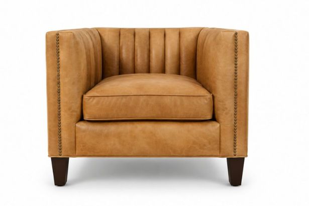 Lux and Borough Savoy style custom accent chair featuring a tall, gently sloped backrest, elegantly contoured track arms, a deep tailored seat cushion, and sleek square wooden legs.